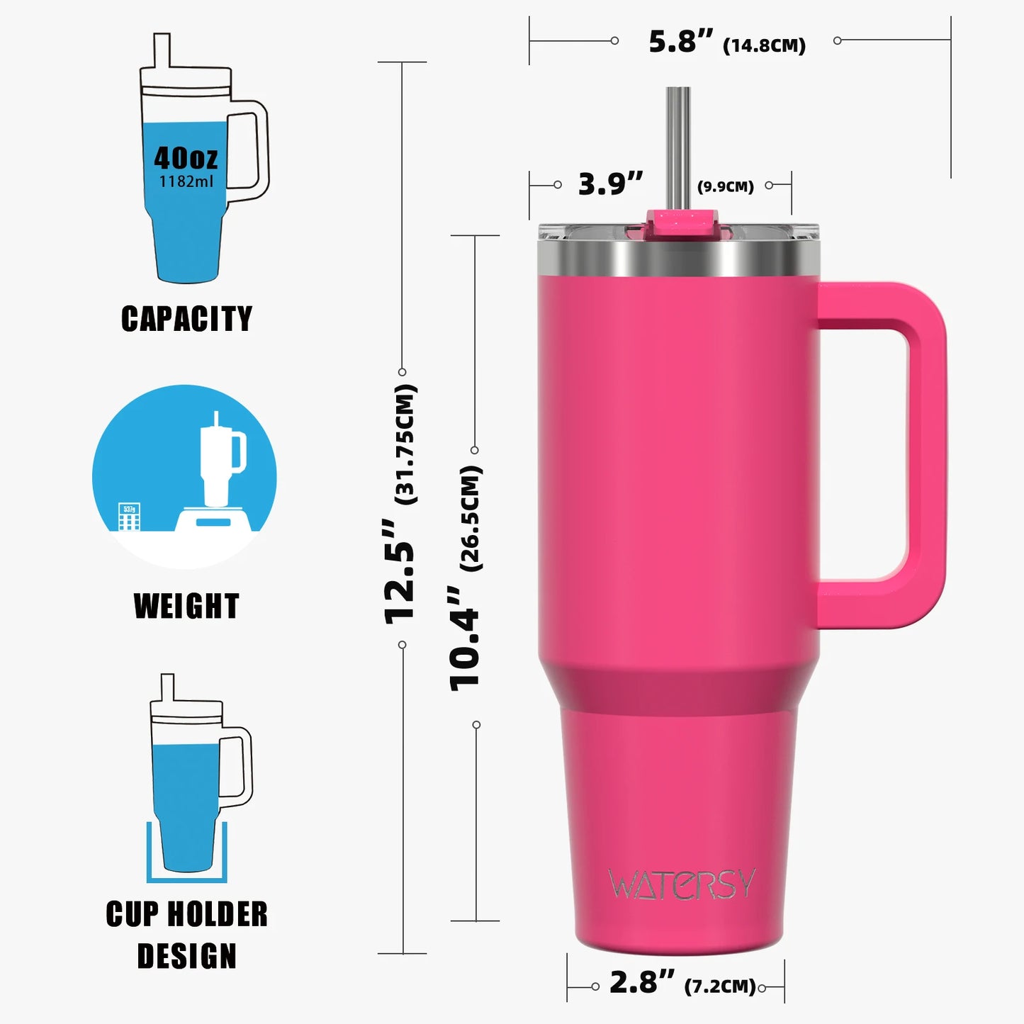 Watersy 40oz/1200ml Tumbler with Handle & Straw Lid Stainless Steel Insulated Cup Keep Cold Thermal Mug Portable Car Travel Cup